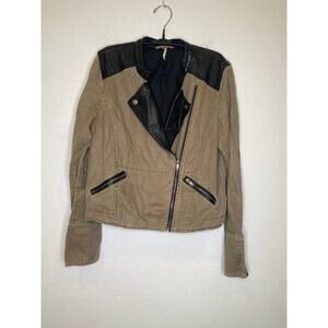 Free People Linen Faux Leather Moto Jacket Zipper Snaps Sz 12 Black Tan Women’s